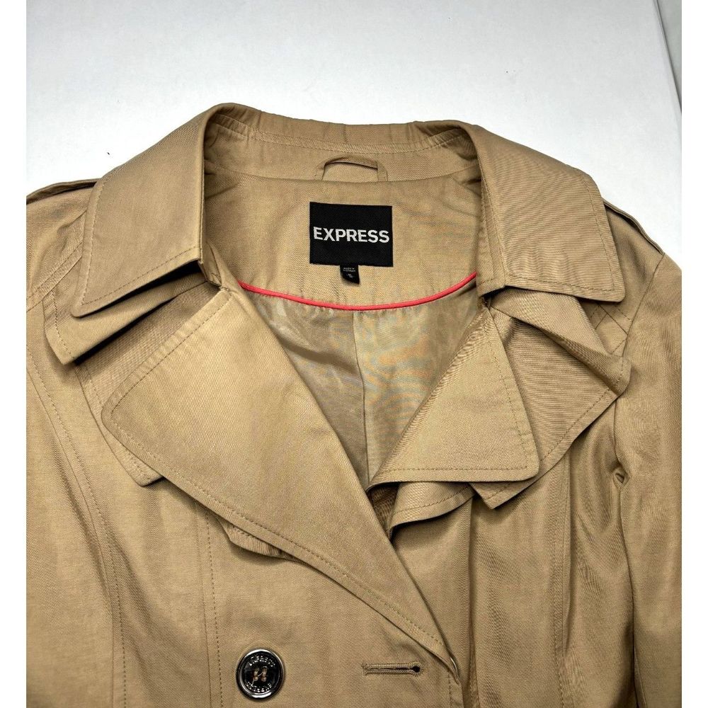 Express Womens Beige Trench Coat Jacket Functional Buttons Double Breasted - Picture 4 of 9